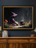 Purple witch and steaming cauldron canvas art in a black gold frame above a sideboard