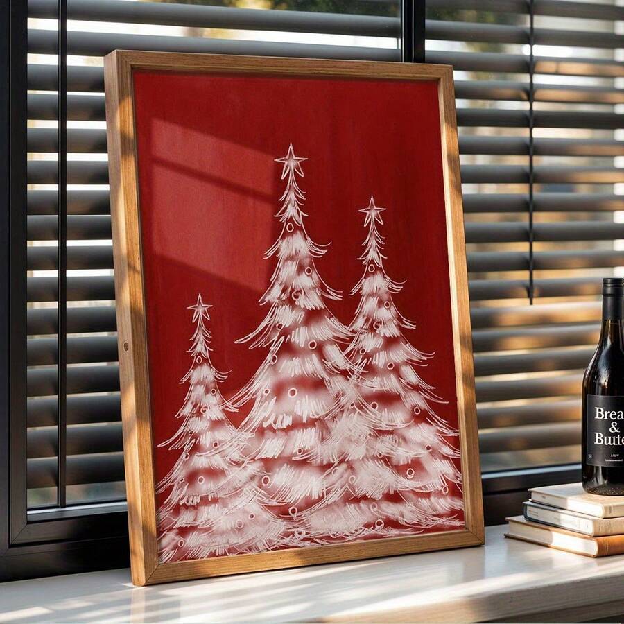 Vintage Red Background White Christmas Tree Winter Canvas Poster 