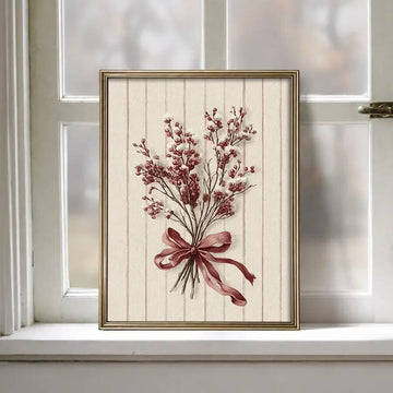 Vintage red berry branch botanical canvas with burgundy ribbon