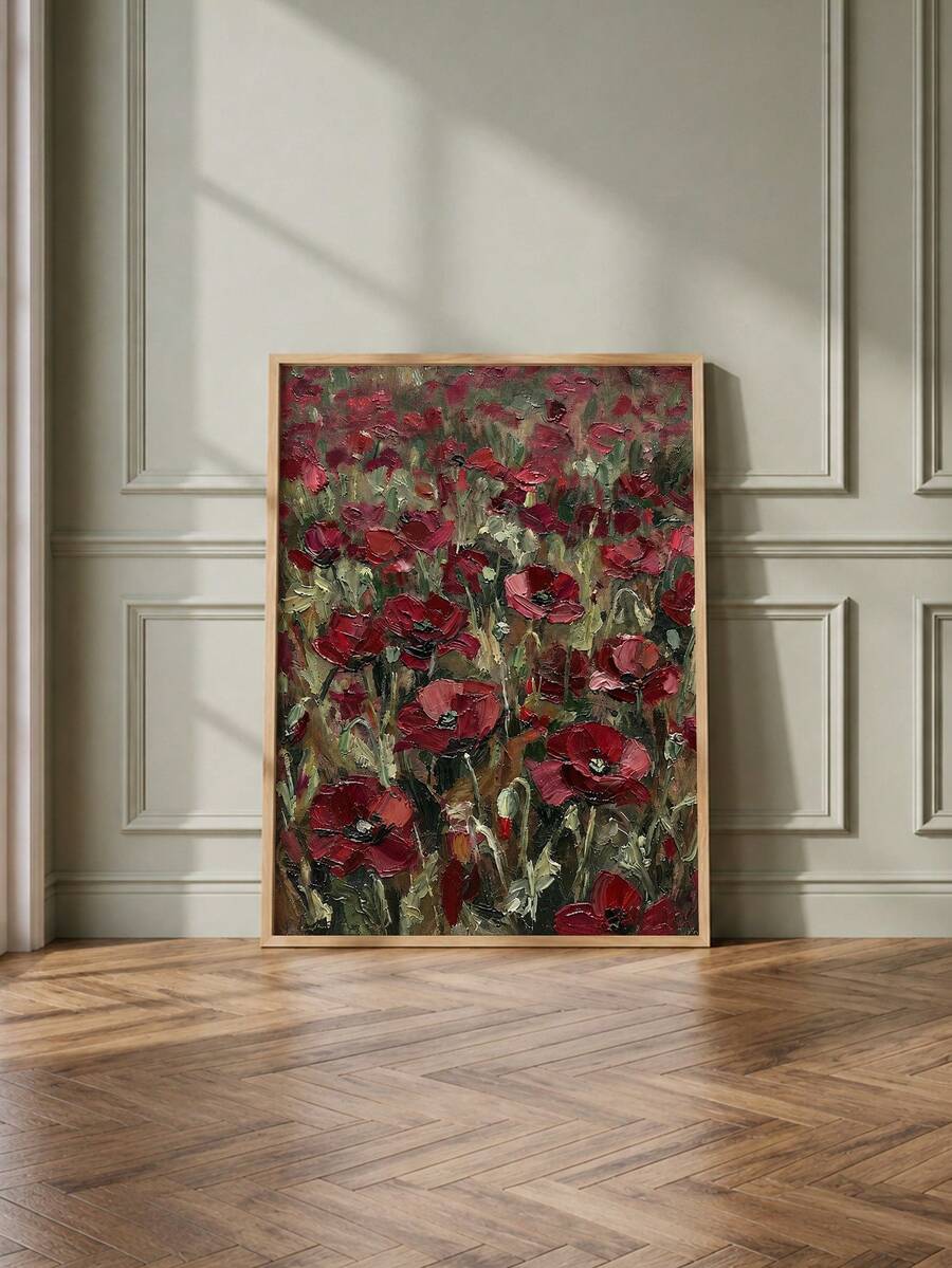 Vintage Red Floral Field Textured Oil Painting Canvas Poster 