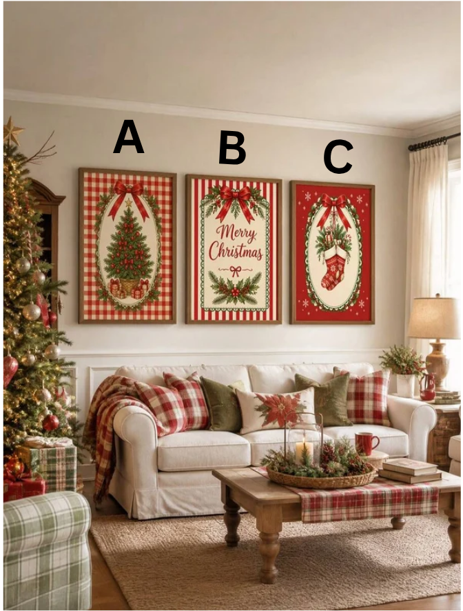 Vintage red gingham Christmas canvas poster set with tree Merry Christmas script and stocking designs