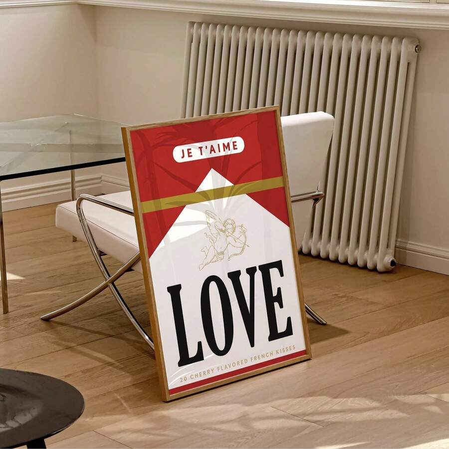 Red LOVE typography and cherub canvas poster in a bright modern room