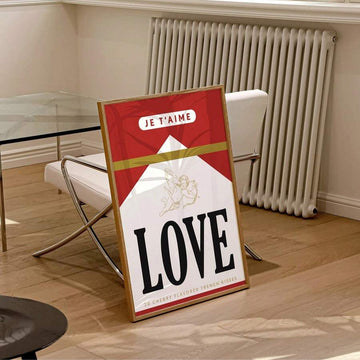 Red LOVE typography and cherub canvas poster in a bright modern room