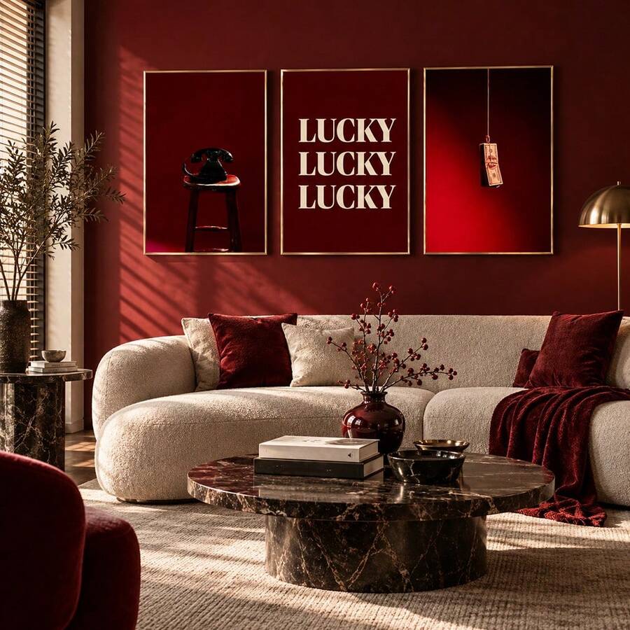 Framed red retro telephone canvas poster showing a black vintage telephone on a stool against a burgundy background