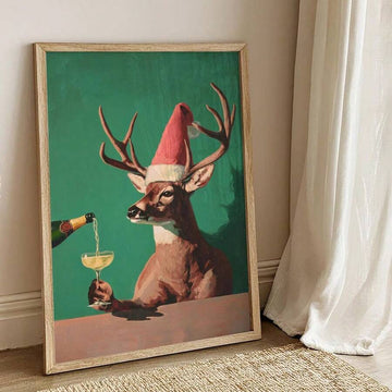 Vintage reindeer champagne canvas poster with Santa hat