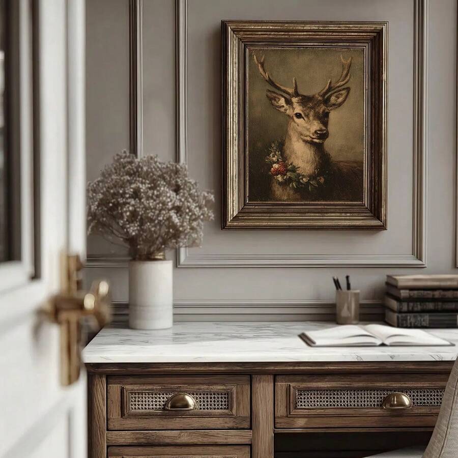 Vintage Reindeer Rustic Christmas Cottagecore Canvas Poster