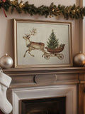 Framed reindeer pulling a tree-filled sleigh above a decorated holiday mantel