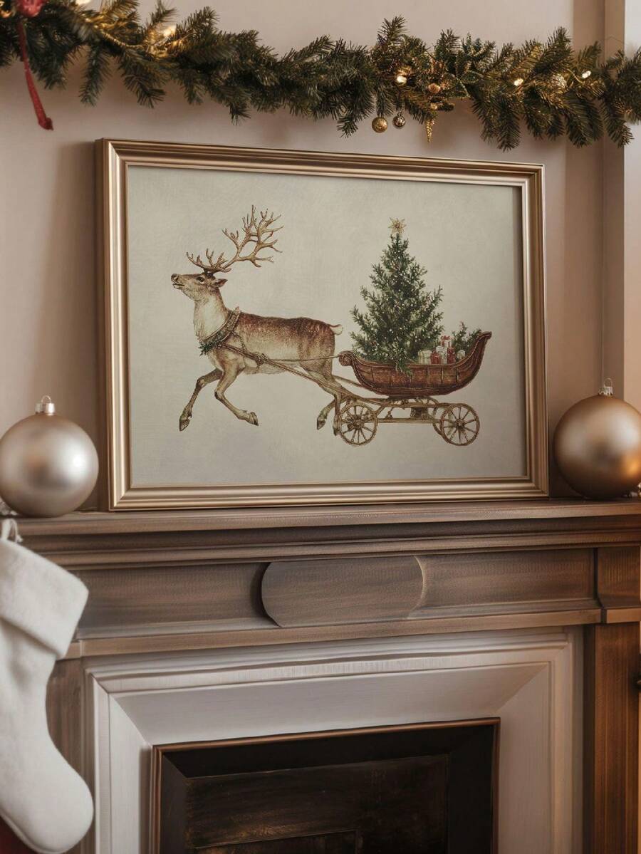 Framed reindeer pulling a tree-filled sleigh above a decorated holiday mantel
