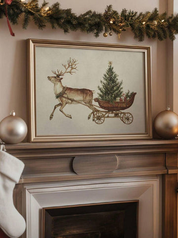 Framed reindeer pulling a tree-filled sleigh above a decorated holiday mantel