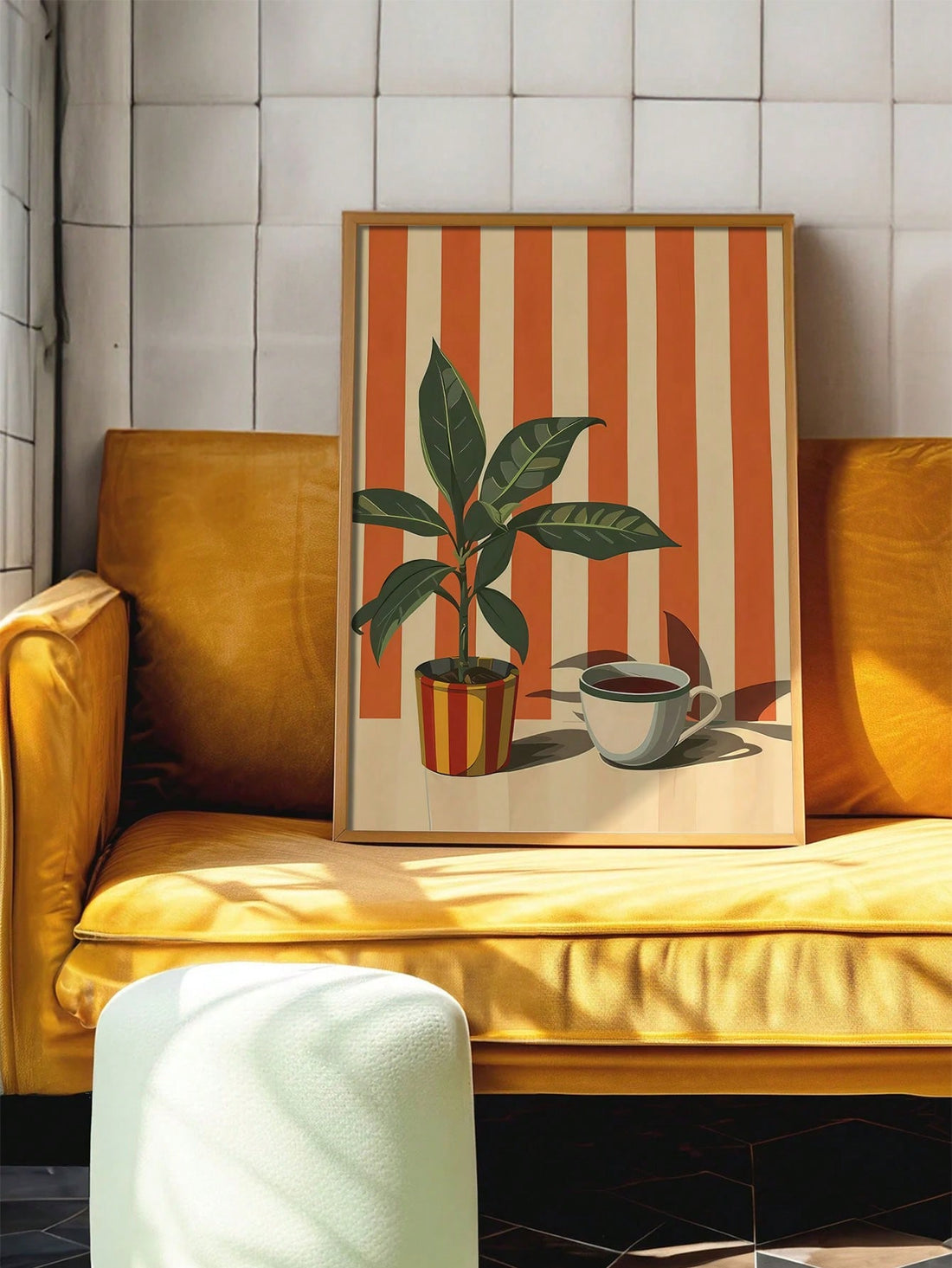 Elevate your space with this Vintage Retro Midcentury Wall Art Print, featuring warm stripes alongside coffee and plant motifs. Crafted on high-quality canvas, it brings a sophisticated blend of nostalgia and modern comfort to any home or office. Its timeless design enhances ambiance while complementing diverse decor styles, making it an ideal choice for those seeking both aesthetic appeal and subtle warmth in their environment.