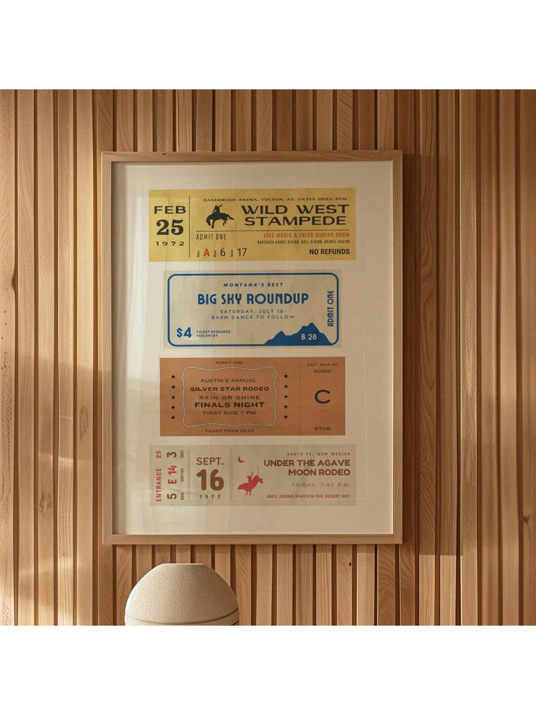 Capture the spirit of the 1970s American West with this Vintage Rodeo Ticket Wall Art. Featuring an authentic rodeo ticket design, this print adds a nostalgic and rustic charm to your home decor. Ideal for those who appreciate Western heritage, it brings a unique vintage touch to any room, evoking memories of classic rodeo events with subtle, timeless style. Perfect for accentuating a rustic or farmhouse-inspired space with expert flair.