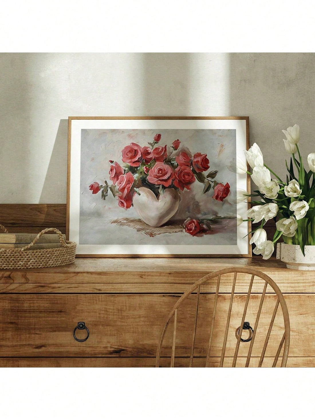 Enhance your home decor with our Vintage Romance: Red Rose Printable Wall Art for Valentine's Day. This beautifully crafted framed oil painting adds a touch of elegance to any room. Celebrate the season of love with this romantic and timeless piece.