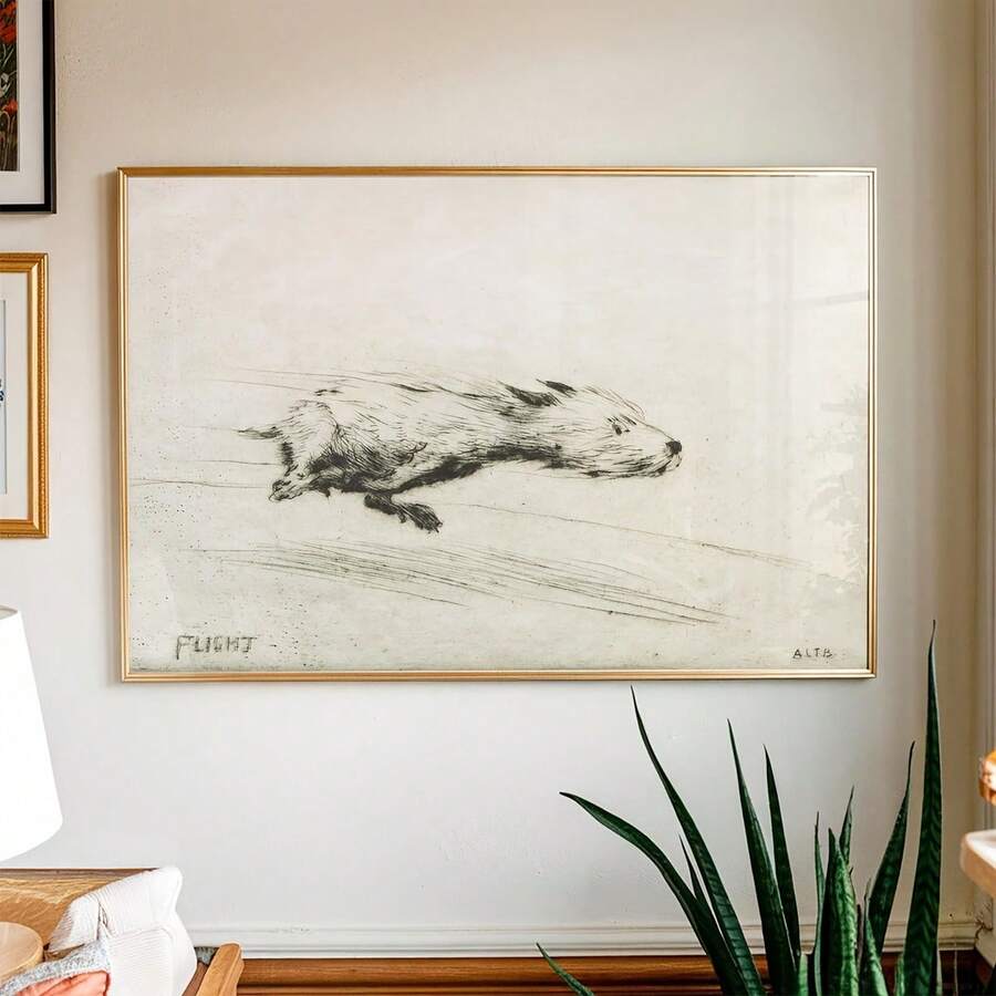 Vintage dog poster with running white terrier sketch and Flight text