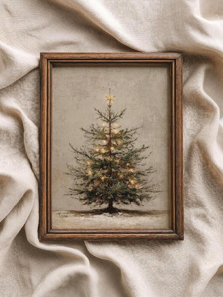 Vintage Rustic Fir Tree & Neutral Christmas Farmhouse Canvas Poster