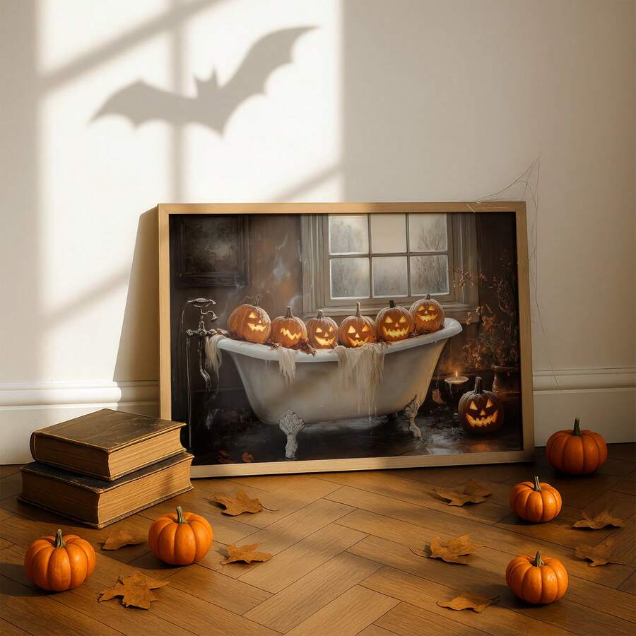 Framed Halloween clawfoot bathtub canvas poster with glowing jack-o'-lanterns in a gothic bathroom
