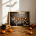 Framed Halloween clawfoot bathtub canvas poster with glowing jack-o'-lanterns in a gothic bathroom