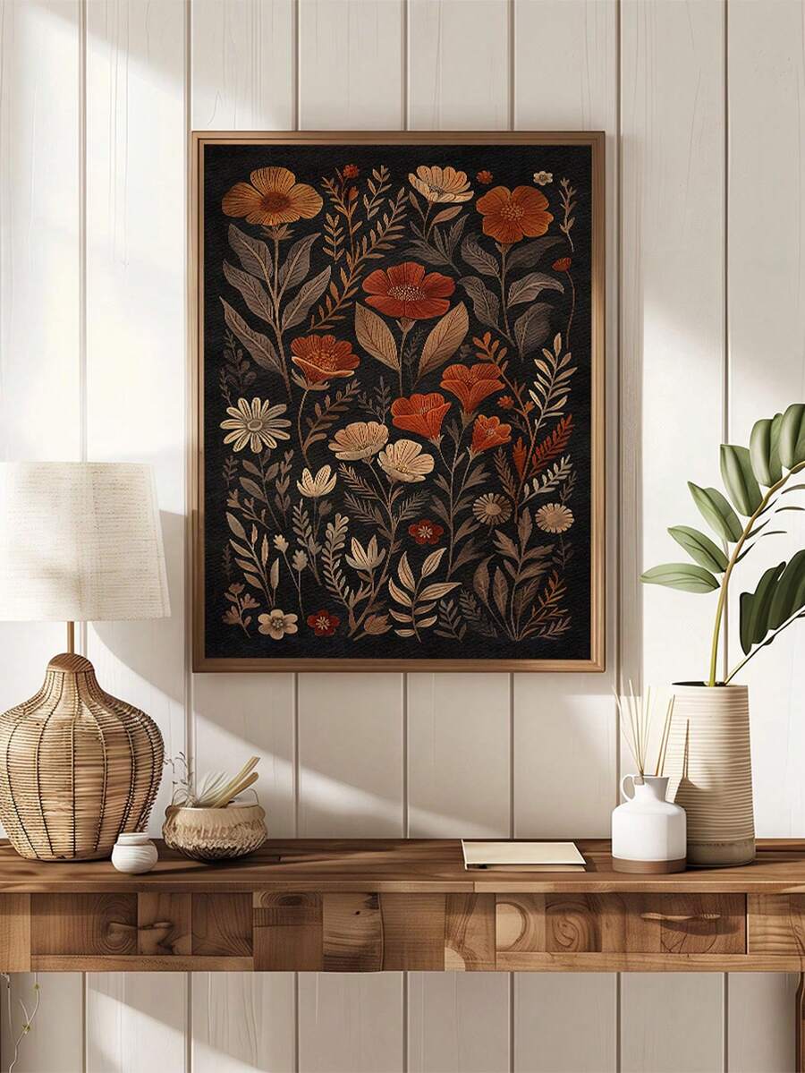 Vintage terracotta wildflower canvas poster with rust orange blooms
