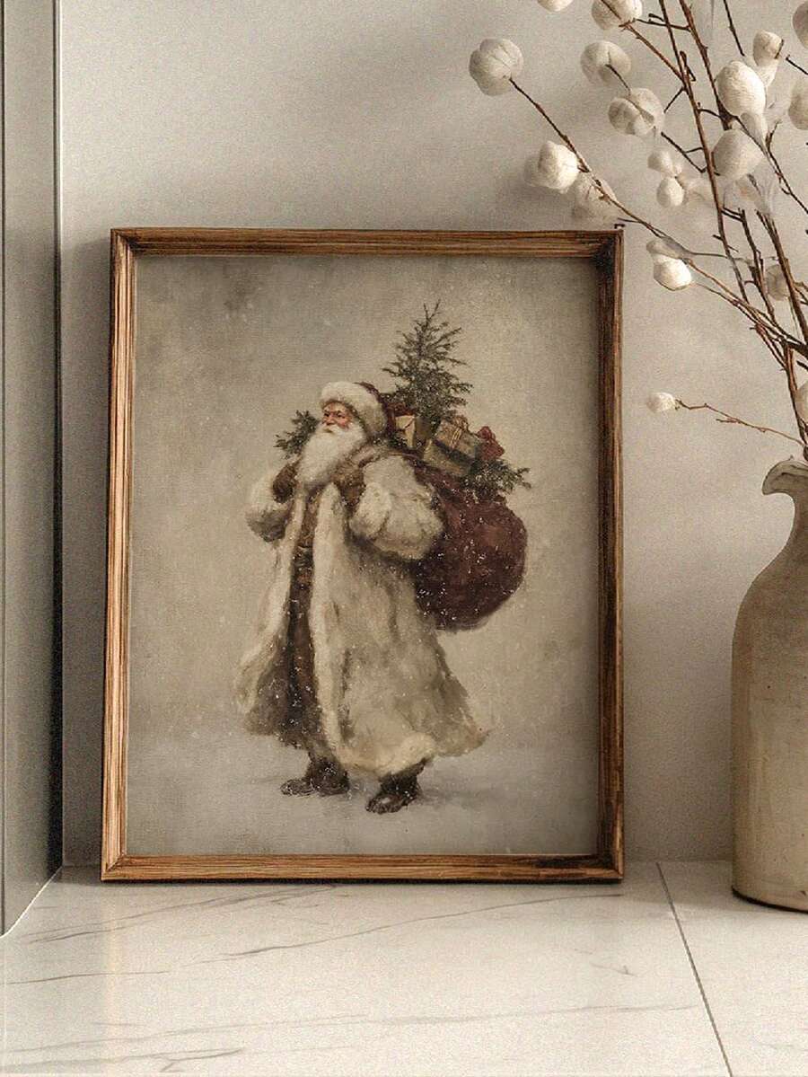 Vintage Santa Claus Carrying Gift Box Holiday Christmas Canvas Poster 