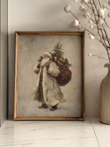 Vintage Santa Claus Carrying Gift Box Holiday Christmas Canvas Poster 