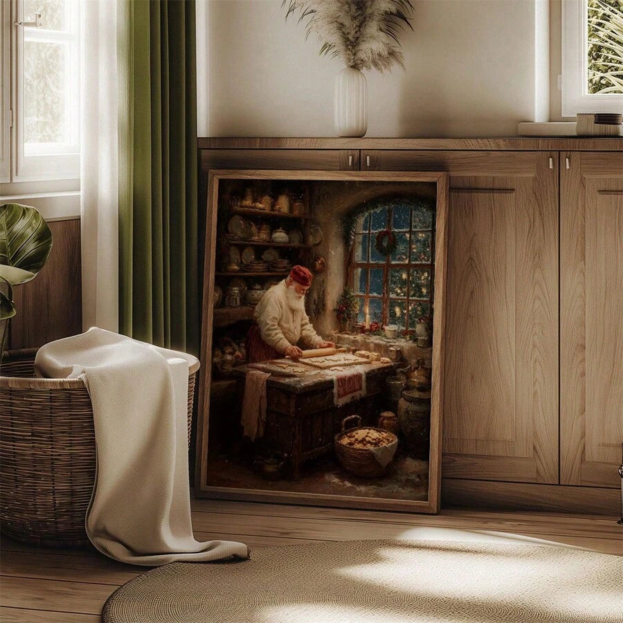 Vintage Santa Claus baking cookies in a rustic Christmas kitchen canvas poster