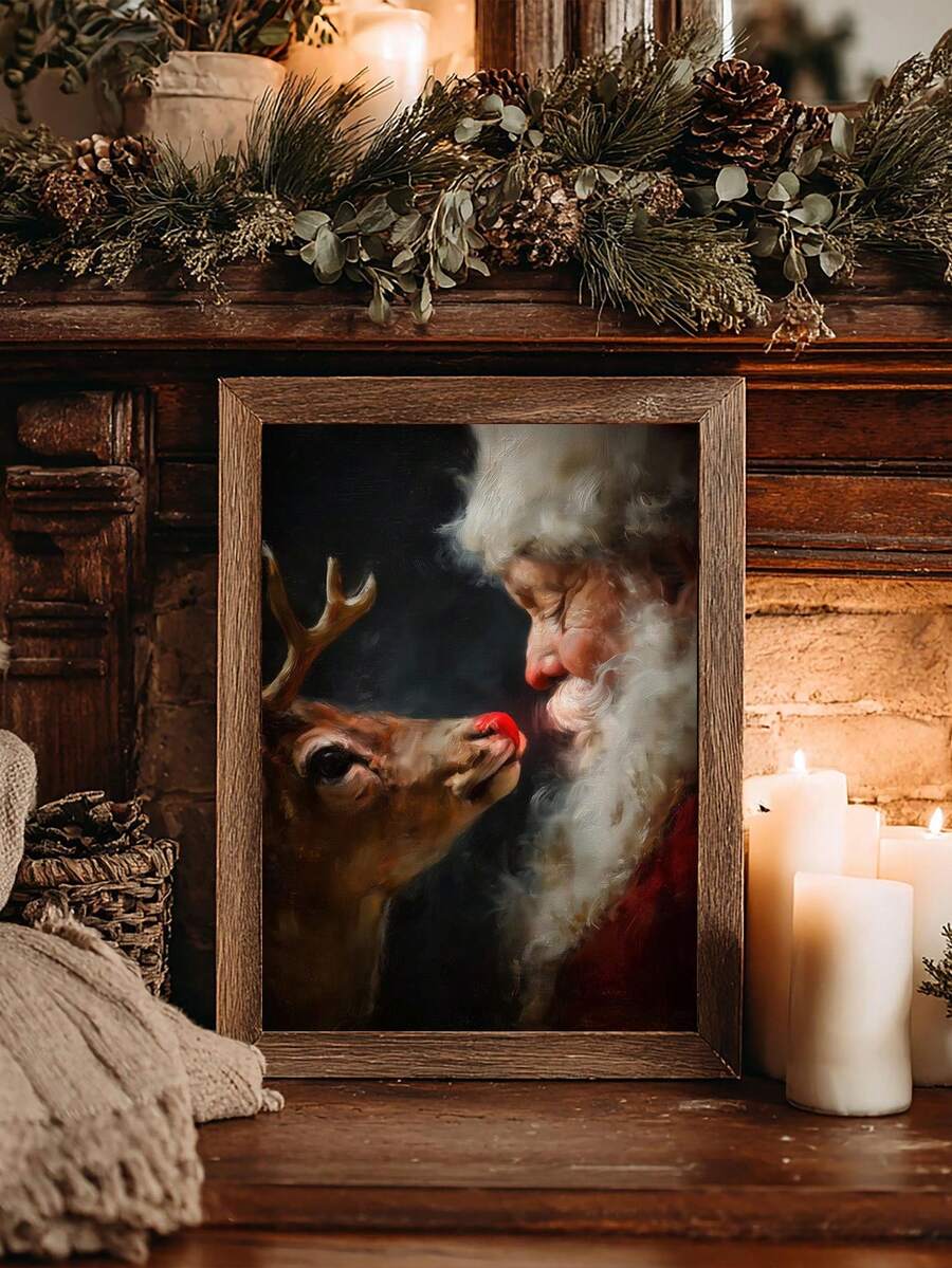 Framed canvas portrait of Santa leaning toward Rudolph against a dark background