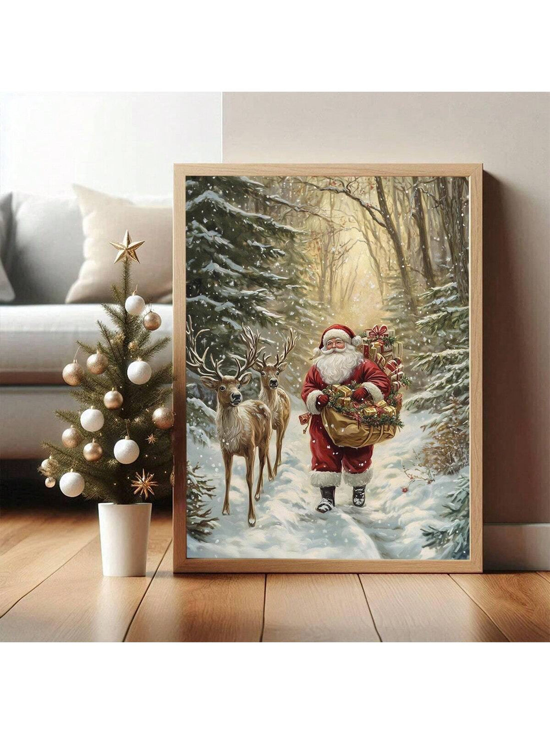 Bring timeless holiday charm to any space with this vintage-inspired Santa Claus and Reindeer canvas wall art. Featuring classic imagery rendered in warm, nostalgic tones, this piece captures the magic of Christmas traditions. The durable canvas construction ensures lasting quality, while the versatile design complements both residential and commercial interiors. Perfect for creating a festive atmosphere in living rooms, bedrooms, offices, or retail environments. This statement piece serves as an instant fo