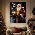 Santa Claus holding a glowing lantern beside a decorated Christmas tree in canvas wall art