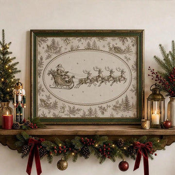 Antique-style Santa sleigh and four reindeer canvas artwork in a dark green and gold-toned frame on a Christmas mantel with garland and candles