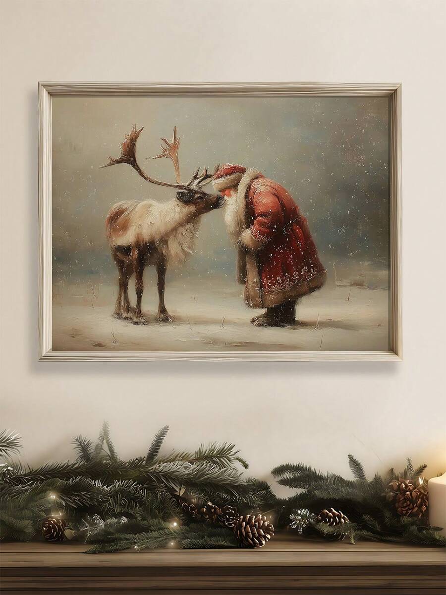 Vintage Santa greeting reindeer canvas poster above a garland mantel