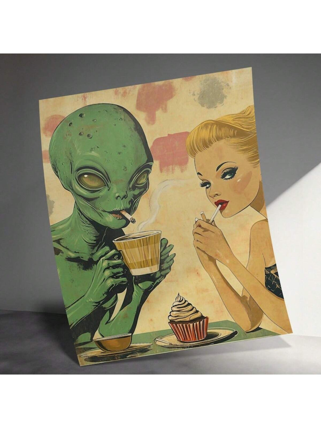 Capture the charm of mid-century futurism with this Vintage Sci-Fi Alien and Woman Coffee Date Poster. Featuring a retro 1950s design, this artwork blends nostalgic sci-fi elements with a whimsical coffee date scene, making it an ideal statement piece for home or café decor. Its distinctive style adds a unique, conversation-starting touch to any space, appealing to enthusiasts of vintage art and science fiction alike. Crafted to evoke the era’s imaginative spirit, this poster enhances your environment with 