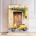 Unframed yellow vintage scooter and floral doorway print staged against an ornate white wall