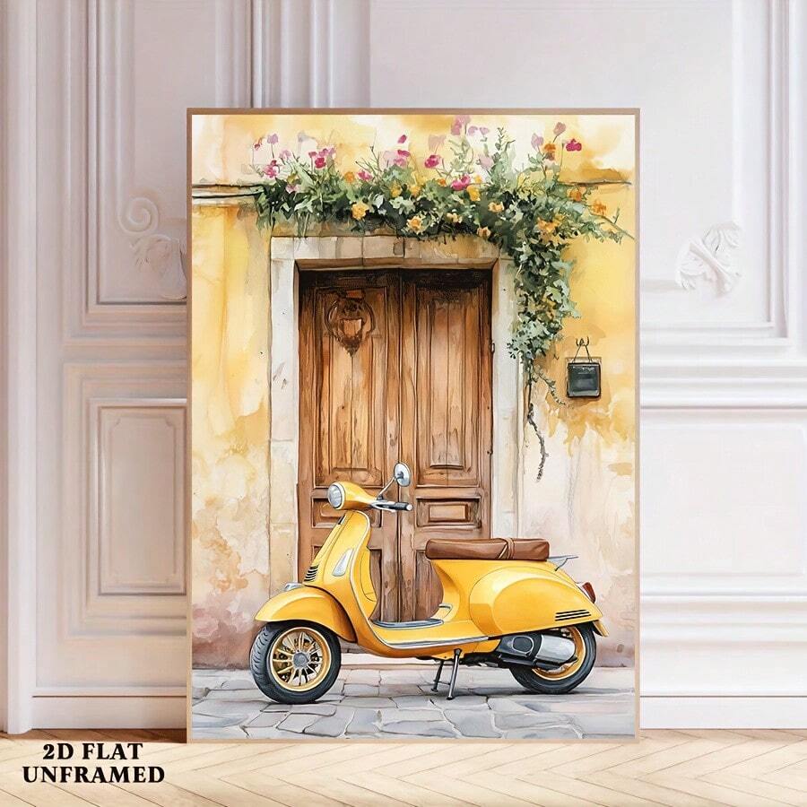 Unframed yellow vintage scooter and floral doorway print staged against an ornate white wall