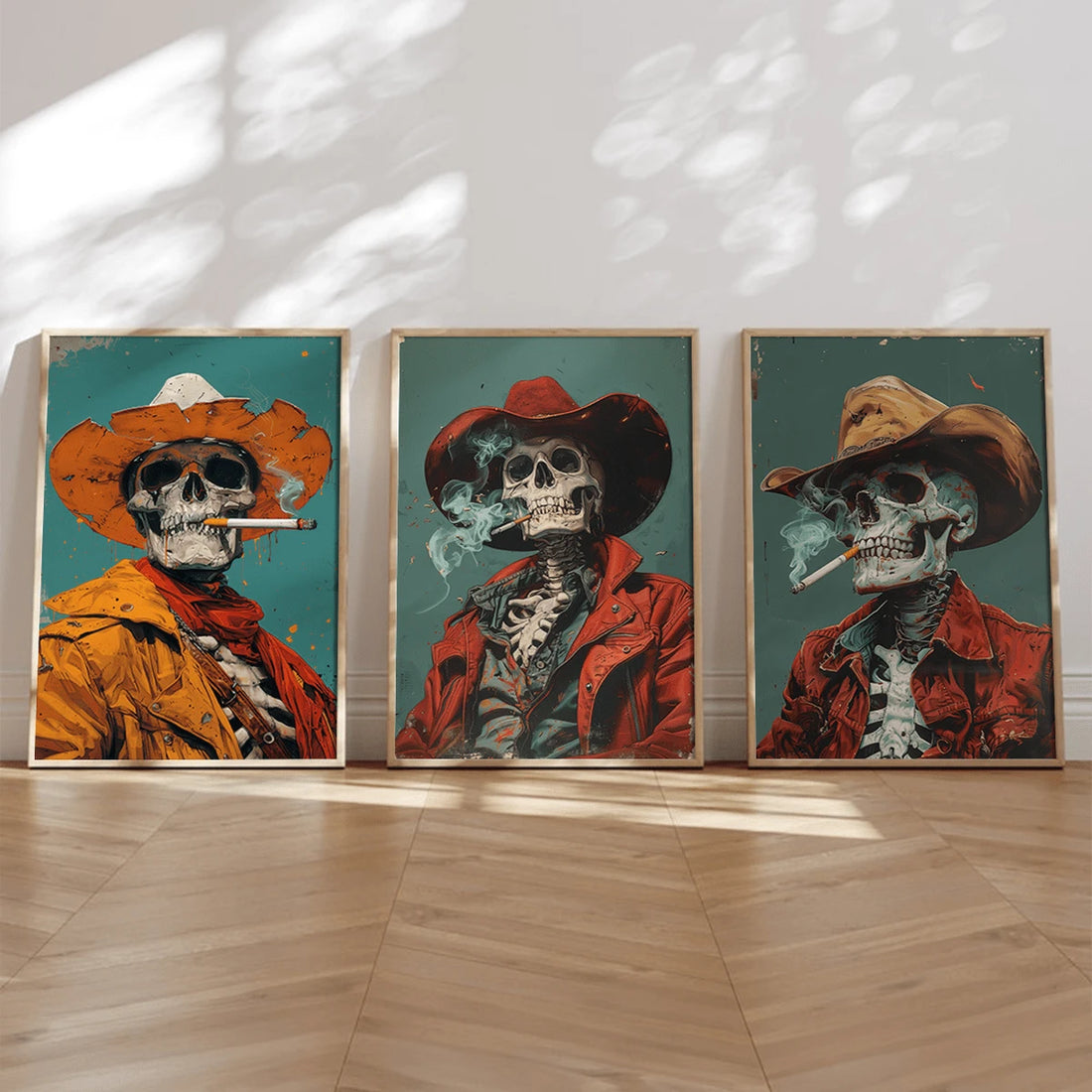 Transform your space with this striking vintage smoking skull canvas set. This three-piece wall art collection features bold, edgy designs perfect for adding character to any room. Each canvas showcases intricate skull imagery with a modern aesthetic that appeals to alternative and contemporary decor styles.&nbsp;