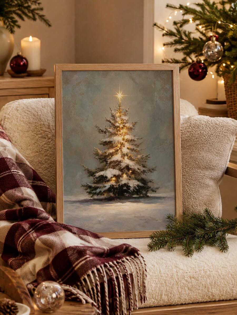 Vintage Snowy Christmas Tree Warm Lights Antique Oil Painting Canvas Poster
