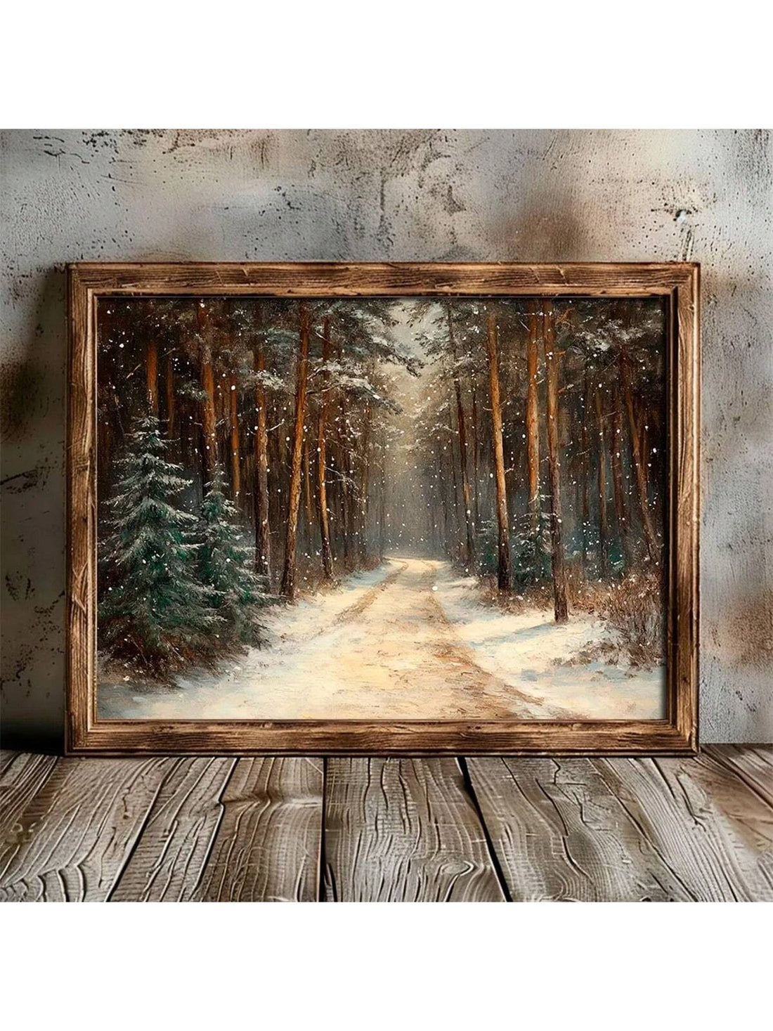 Transform your space into a winter wonderland with this enchanting vintage snowy forest path wall art. Featuring a serene woodland scene blanketed in pristine snow, this piece captures the timeless charm of rustic cabin aesthetics. Perfect for creating a cozy, inviting atmosphere during the holiday season or year-round, it brings warmth and nostalgia to living rooms, bedrooms, and entryways. The muted, earthy tones complement various interior styles while the detailed landscape imagery adds depth and charac