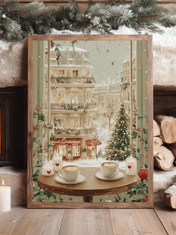 Vintage Snowy Paris Winter City Window View Christmas Canvas Poster 