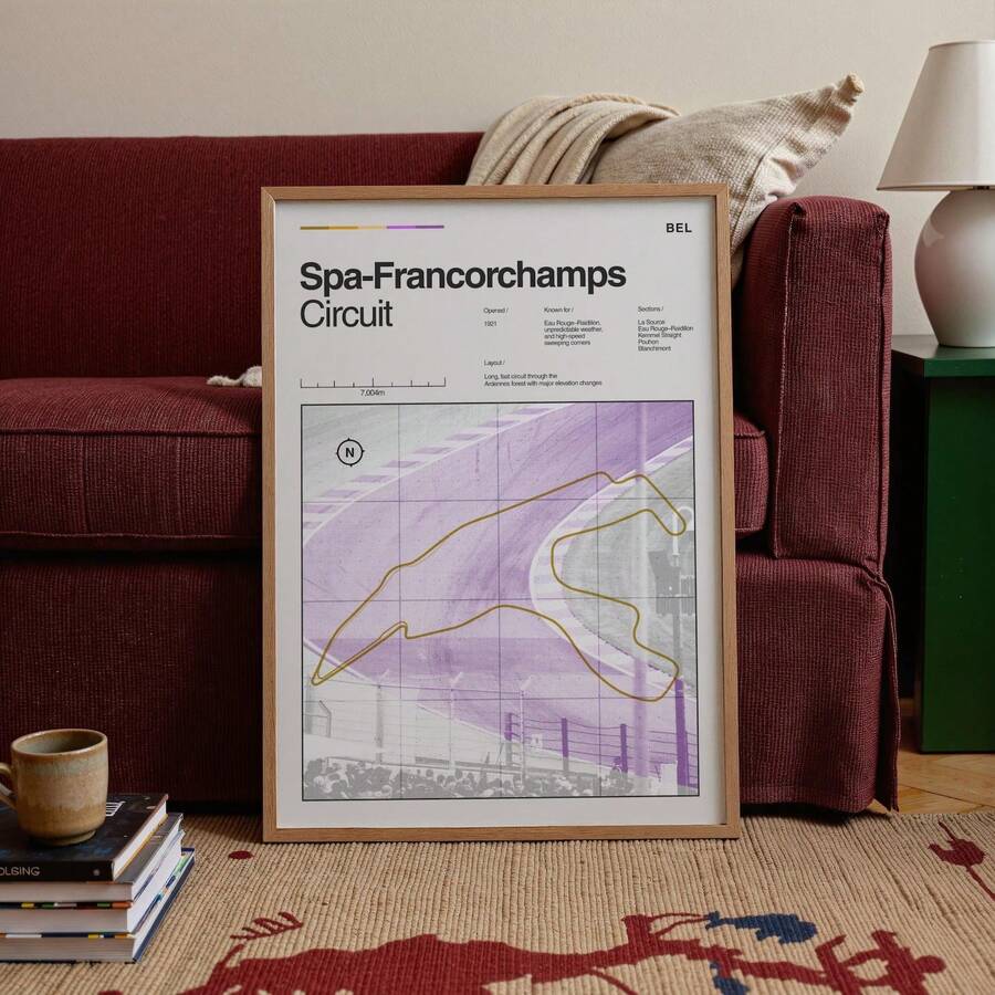 Vintage Spa-Francorchamps Circuit Retro Motorsport Track Map Canvas Poster 