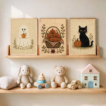 Halloween ghost pumpkin and black cat framed art