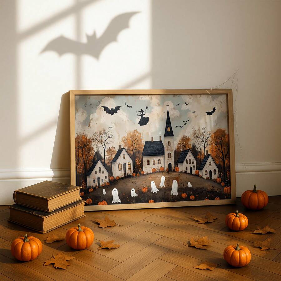 Rustic ghost autumn Halloween city canvas wall art