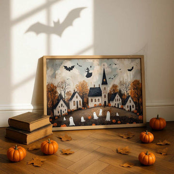 Rustic ghost autumn Halloween city canvas wall art