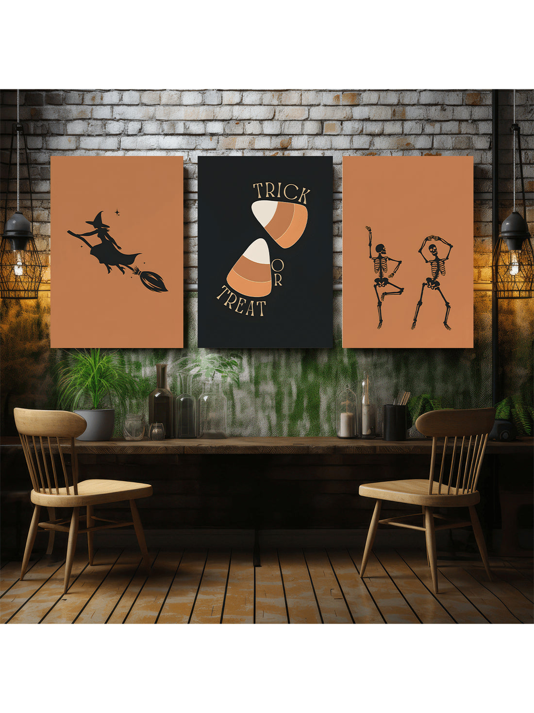 Elevate your fall decor with this 3-piece vintage Halloween wall art set, featuring framed prints of a witch and skull motifs. Expertly designed to evoke a spooky yet classic atmosphere, these prints add a timeless touch to your seasonal decorations. Perfect for creating an eerie ambiance in any room, this set combines nostalgic charm with sophisticated artistry to enhance your Halloween display.