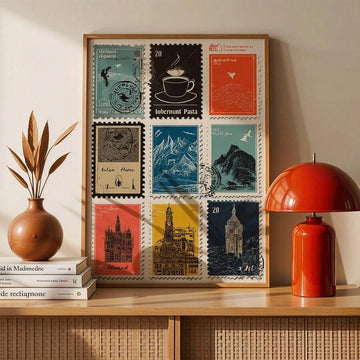 Light wood framed nine-stamp retro artwork on woven sideboard