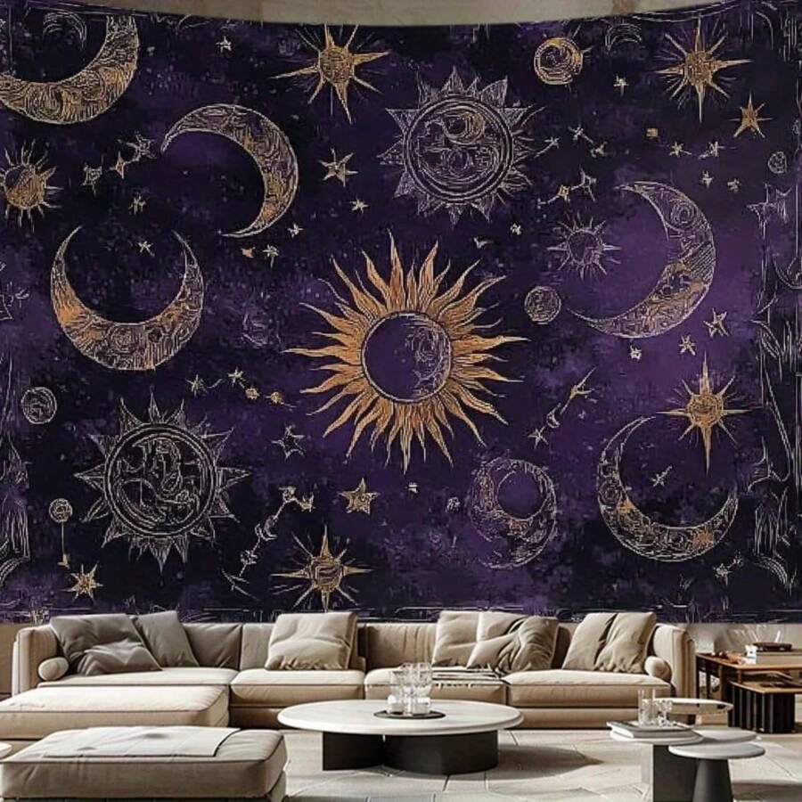 Vintage starry sky tapestry with suns moons and stars