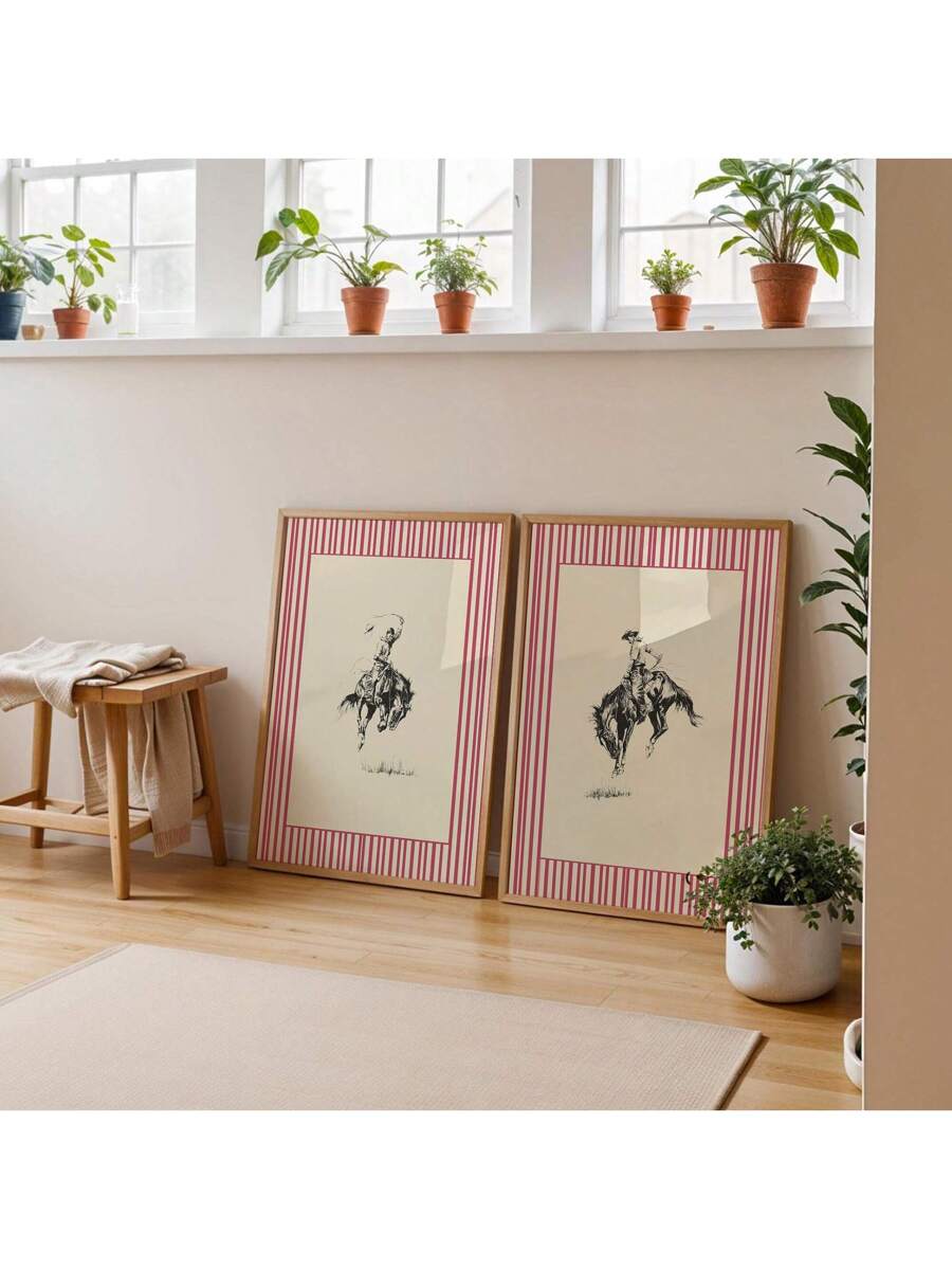 Bring authentic Western charm into your space with this striking vintage-inspired rodeo wall art. Featuring classic striped detailing and cowboy imagery, this canvas print captures the spirit of the American frontier with timeless appeal. 