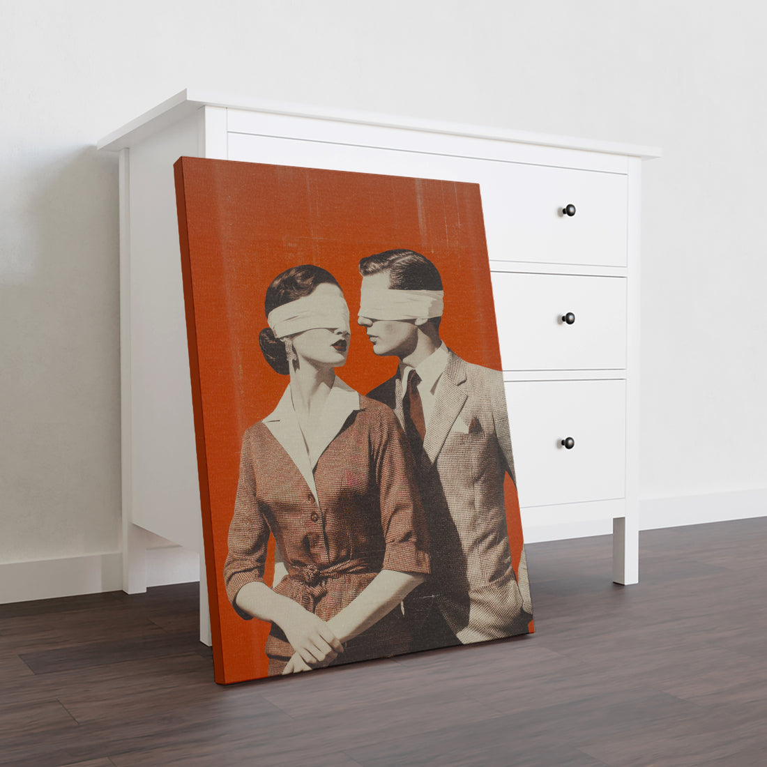This striking canvas print merges vintage aesthetics with contemporary abstract design, featuring a sophisticated palette of warm oranges and deep blacks. The composition creates visual depth and movement, making it an ideal focal point for living rooms, bedside spaces, or above sofas.