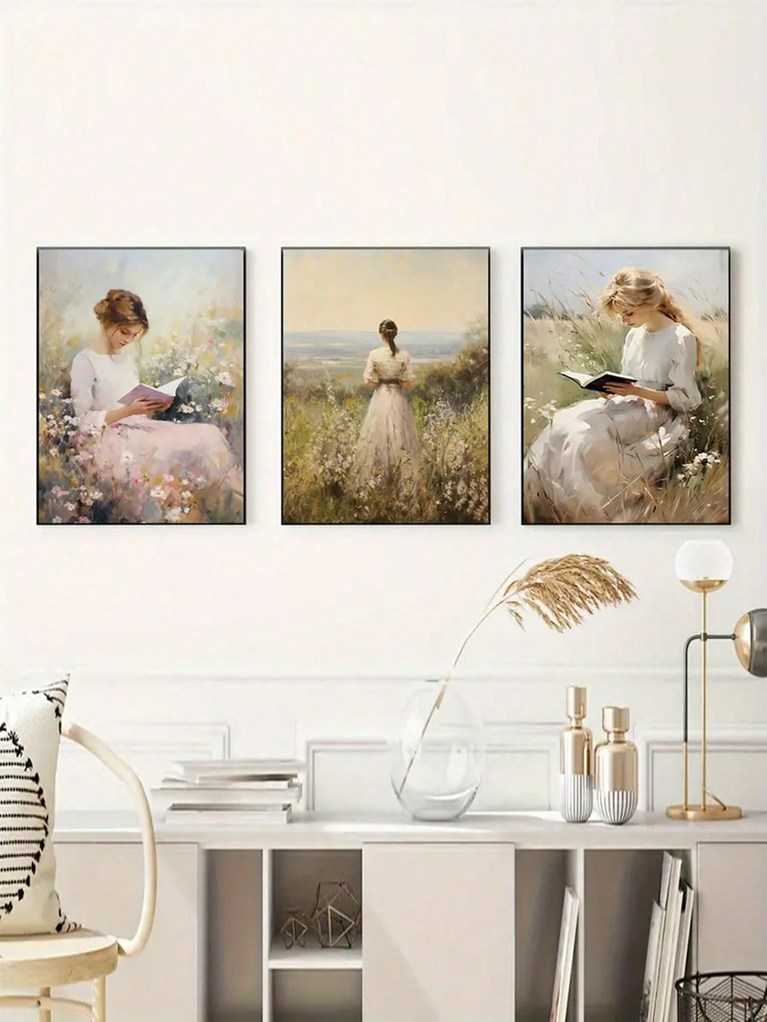 Introducing the Vintage Style Canvas Poster Collection featuring a Woman in Wildflowers with a Classic Reading Theme. Enjoy the timeless beauty of vintage style art while inspiring your love for reading. The perfect addition to any book lover's home decor.