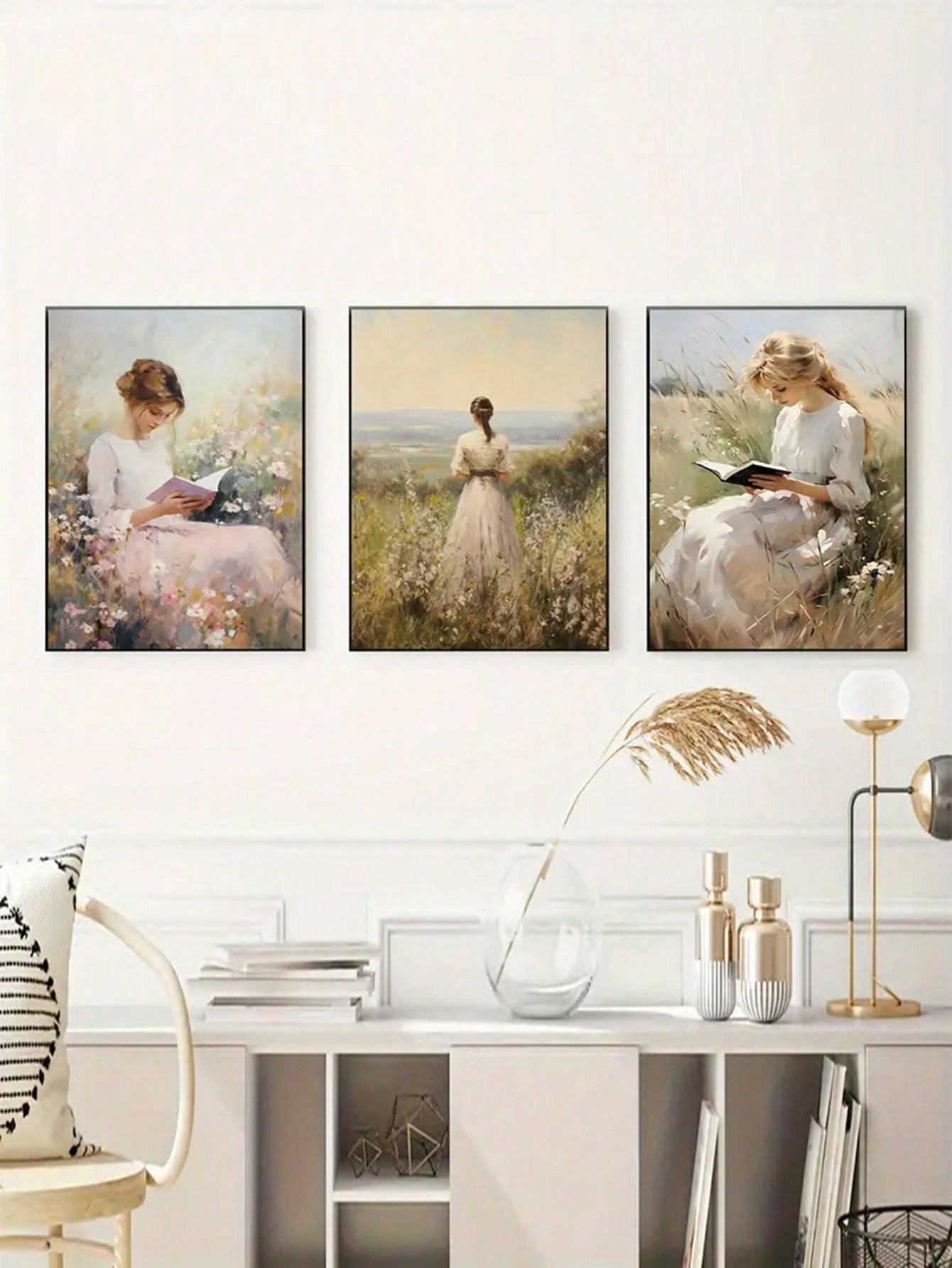 Introducing the Vintage Style Canvas Poster Collection featuring a Woman in Wildflowers with a Classic Reading Theme. Enjoy the timeless beauty of vintage style art while inspiring your love for reading. The perfect addition to any book lover's home decor.