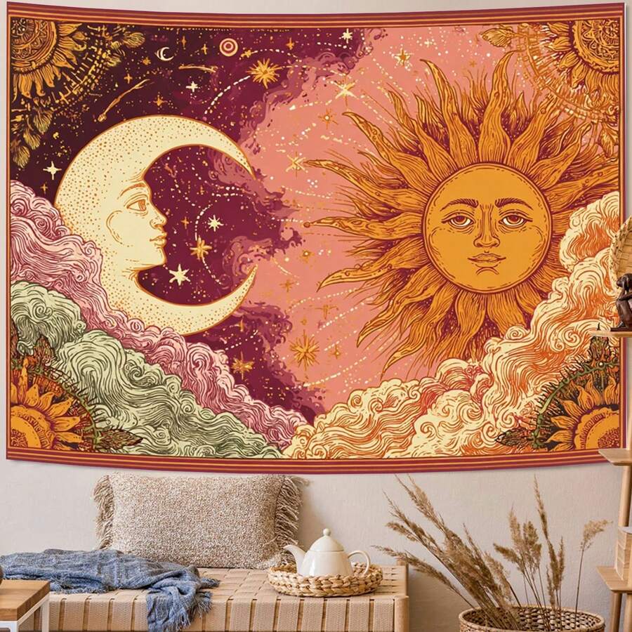 Vintage sun moon tapestry with stars and clouds