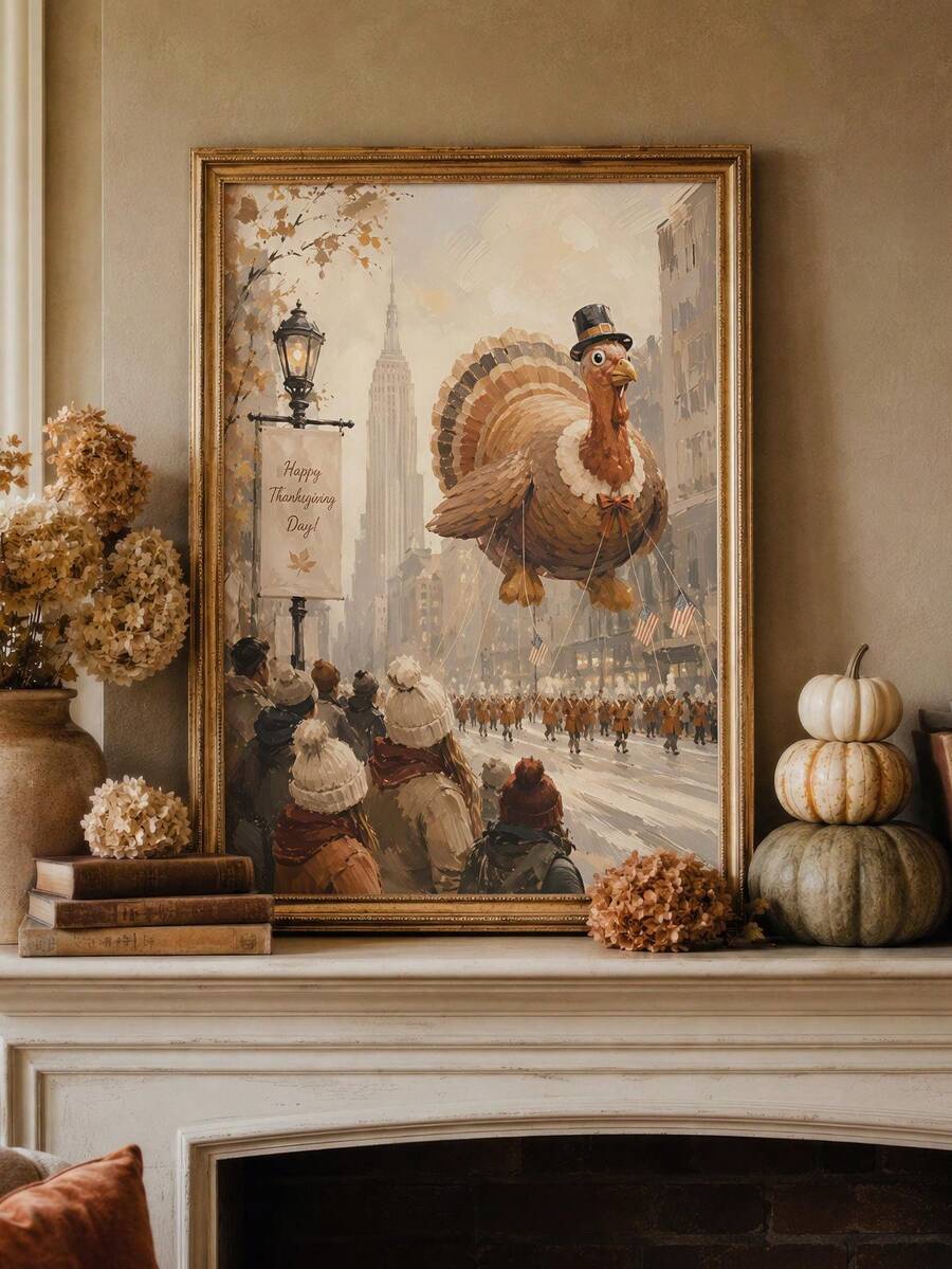 Vintage Thanksgiving parade canvas poster with turkey balloon Empire State Building and Happy Thanksgiving Day banner