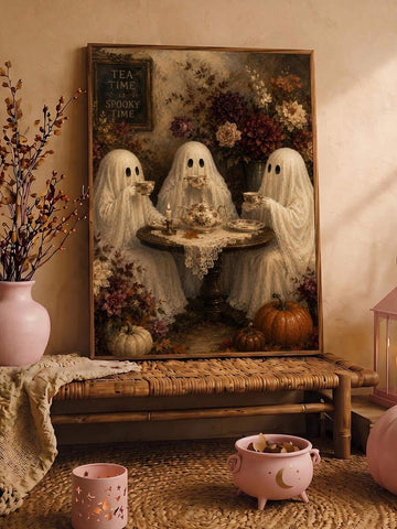 Three friendly ghosts having tea with pumpkins in a vintage autumn wall art display